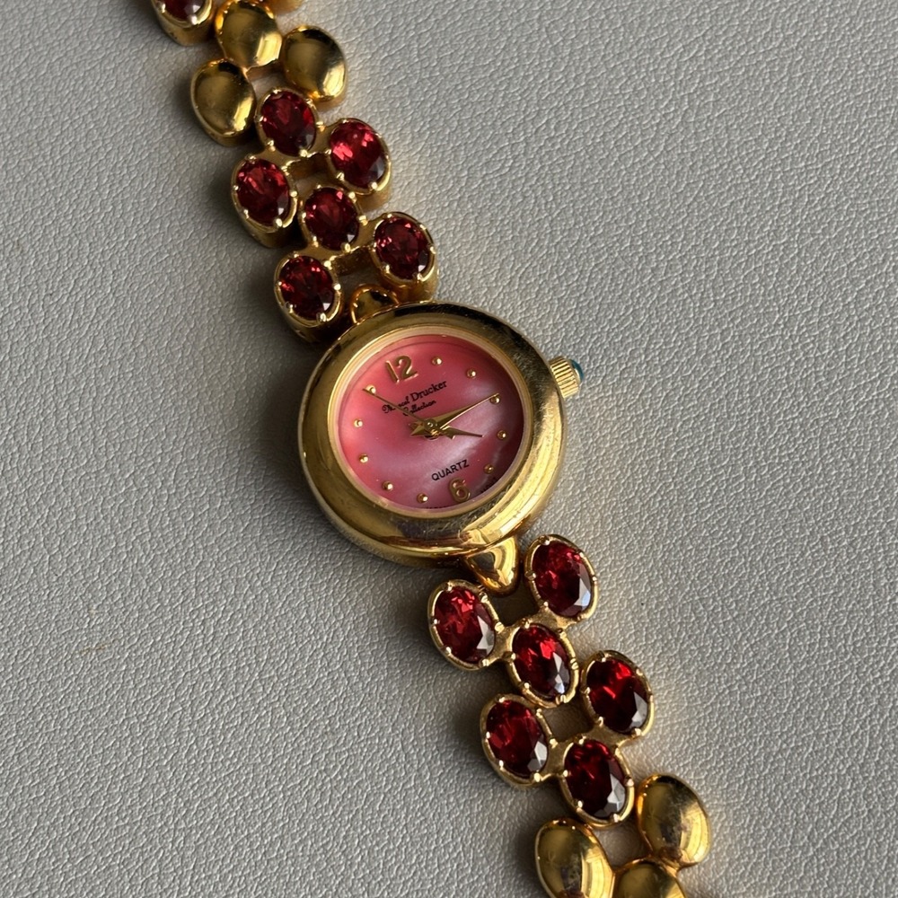 Marcel Drucker Collection Watch Gold Tone Red Stones Japan 7.75 Battery Replaced